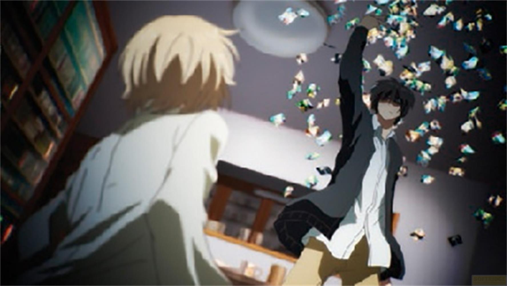 Un personaggio anime dai capelli scuri lancia carte colorate in aria.