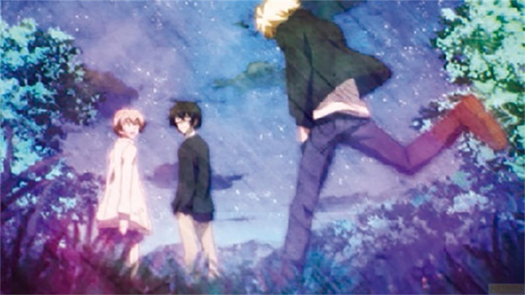 Tre personaggi anime all'aperto sotto un cielo stellato.