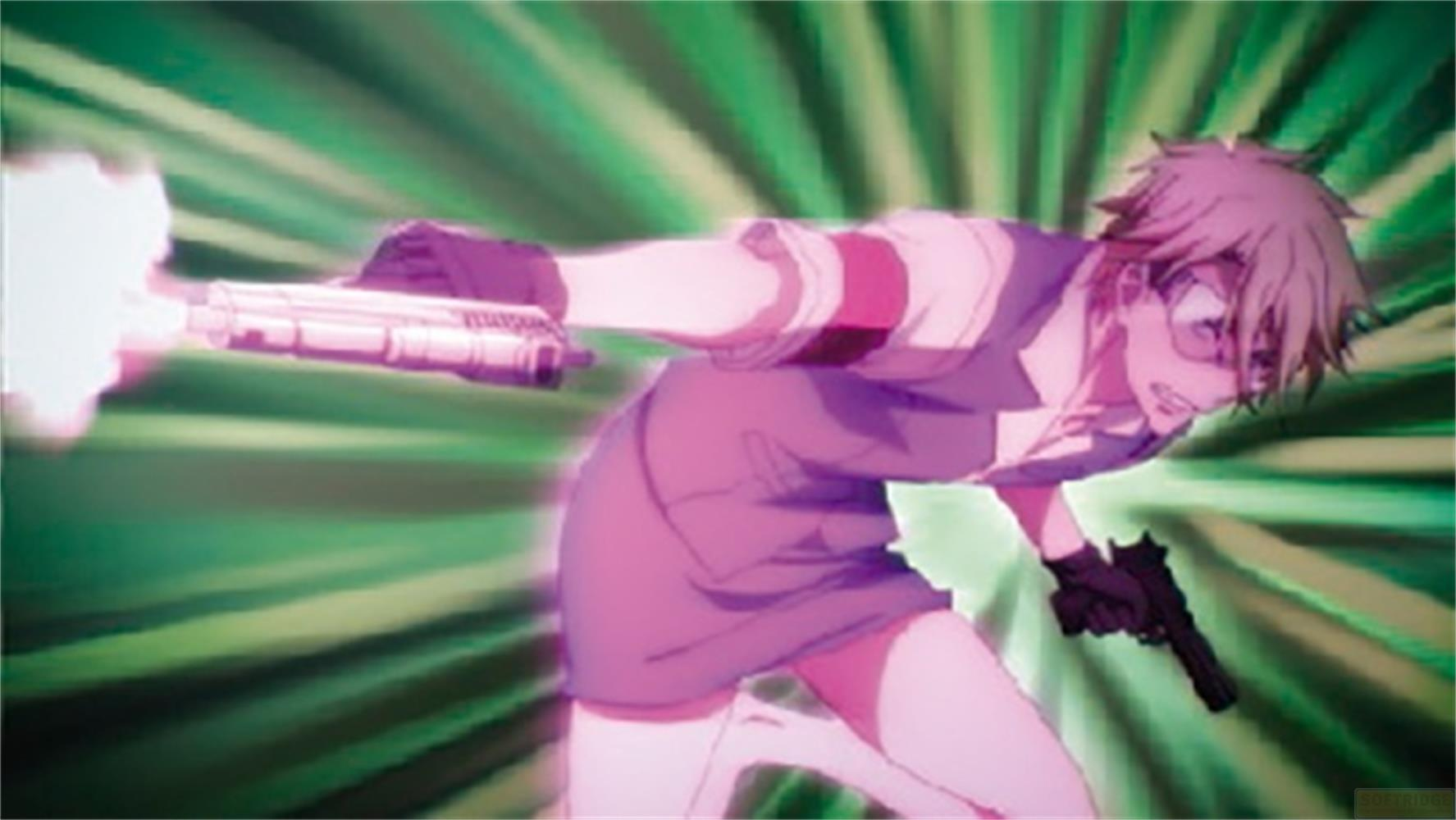 Un personaggio anime con gli occhiali spara una pistola, fumo che sale.