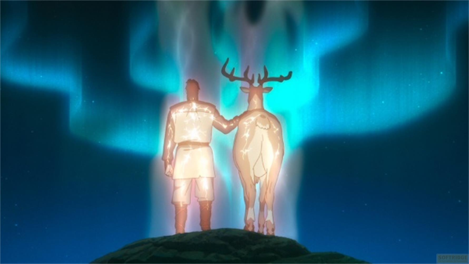 Un uomo e un cervo sotto l'aurora boreale.