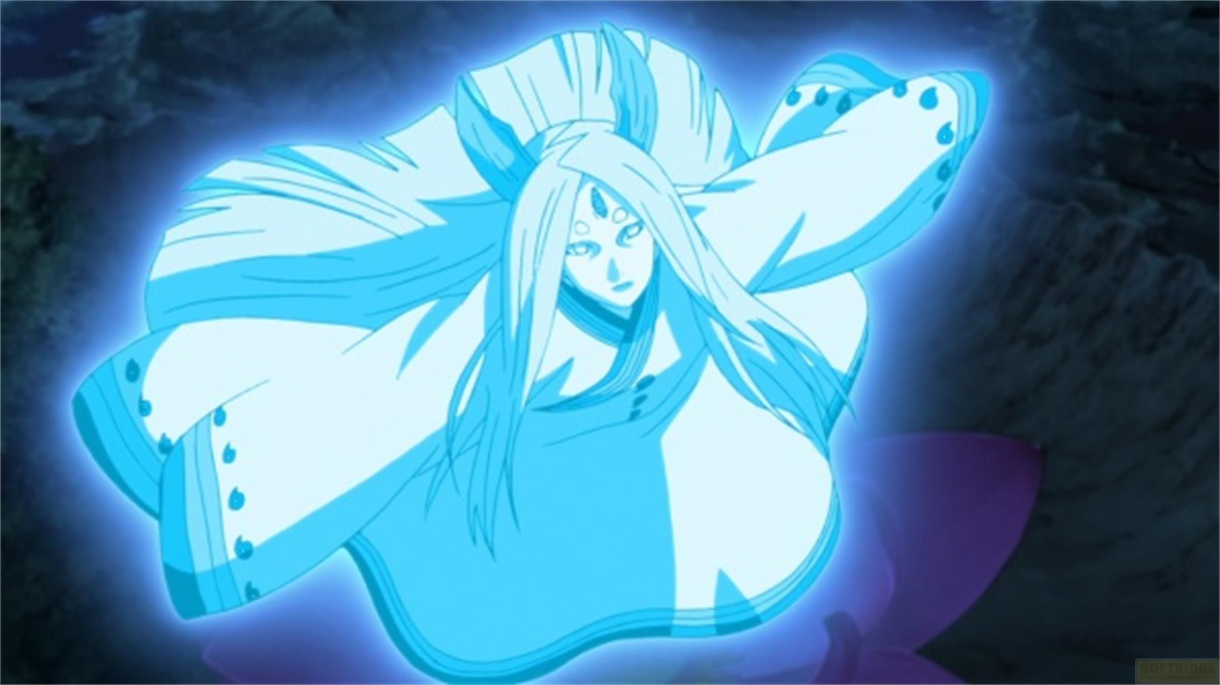 Une figure bleue lumineuse avec de nombreux yeux et de longs cheveux, entourée d'une cape.