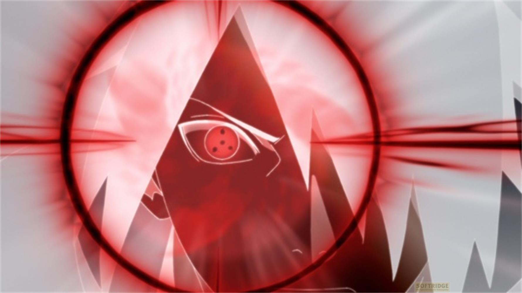 Œil rouge à trois tomoe, entouré de rayons rouges et d'une ligne noire.