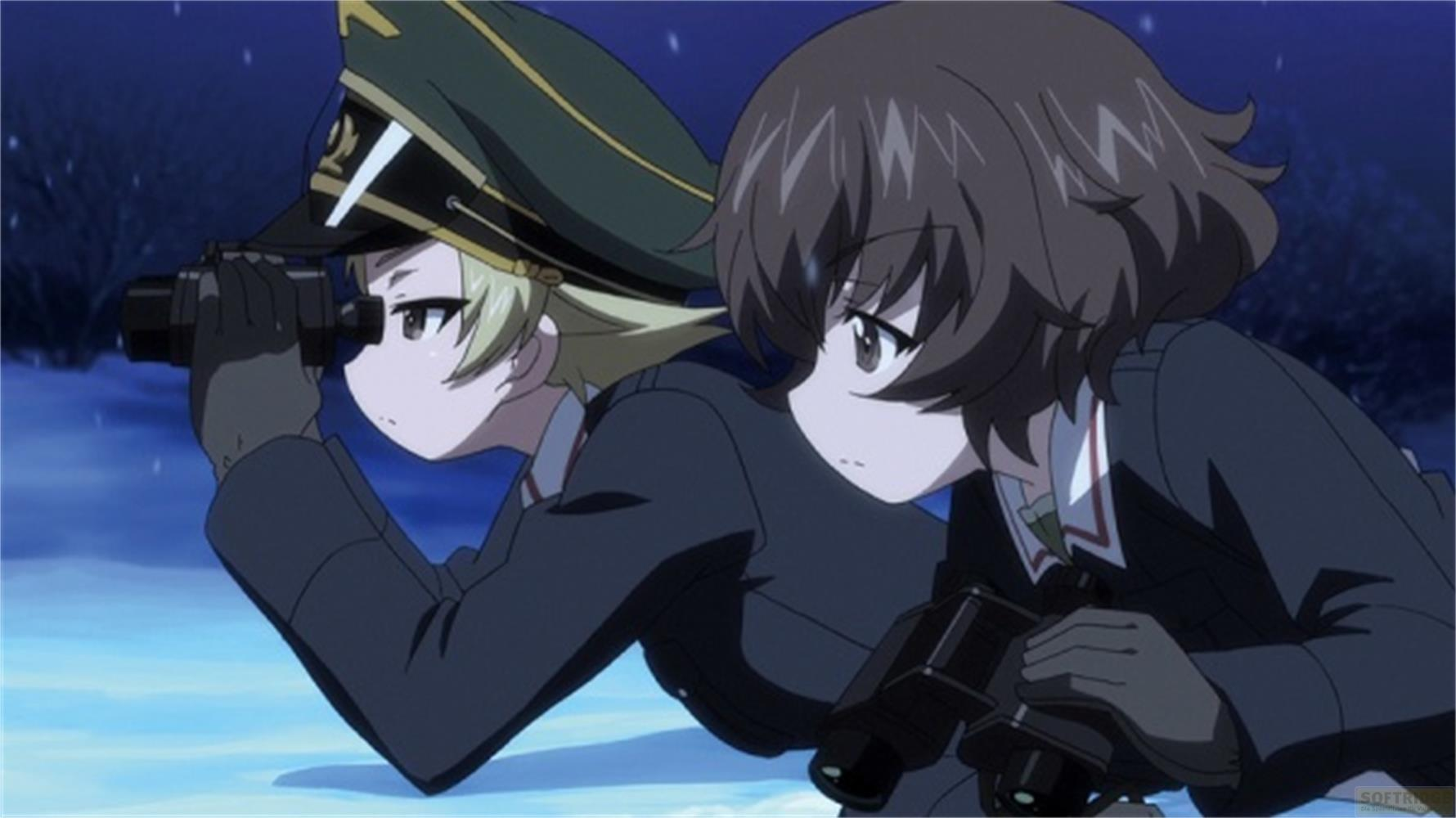 Due ragazze anime in uniforme guardano attraverso i binocoli nella notte.