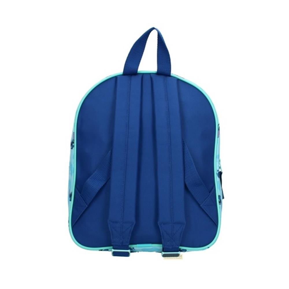 Rückseite eines blauen Rucksacks mit hellblauen Akzenten und Trägern.