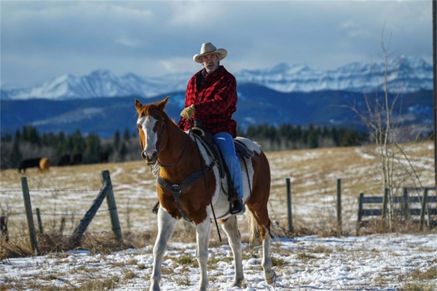 Uomo con cappello da cowboy cavalca cavallo marrone e bianco in campo innevato con montagne.