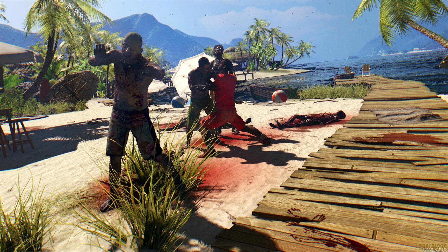 Des zombies attaquent des gens sur une plage tropicale, du sang gicle.