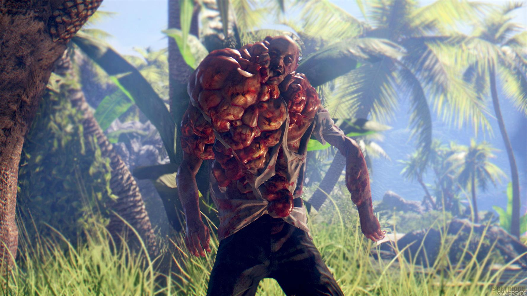 Un homme muté avec des excroissances rouges dans une jungle.