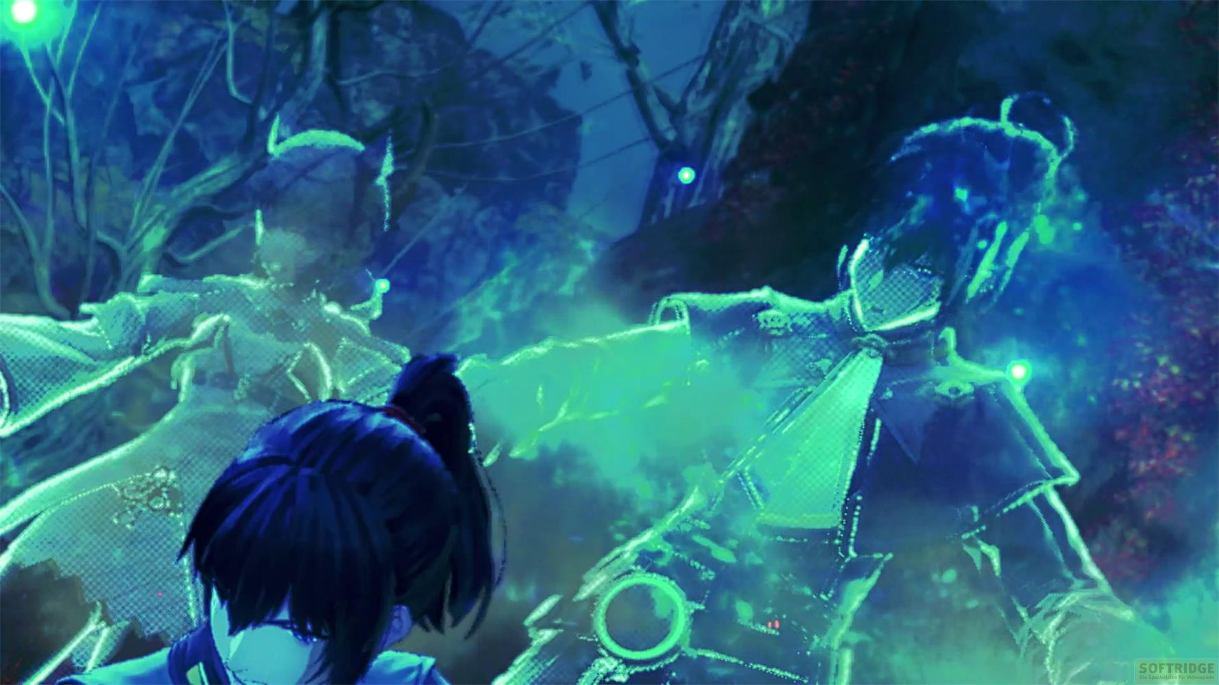 Tre personaggi in abiti fantasy blu e verdi in un ambiente nebbioso.