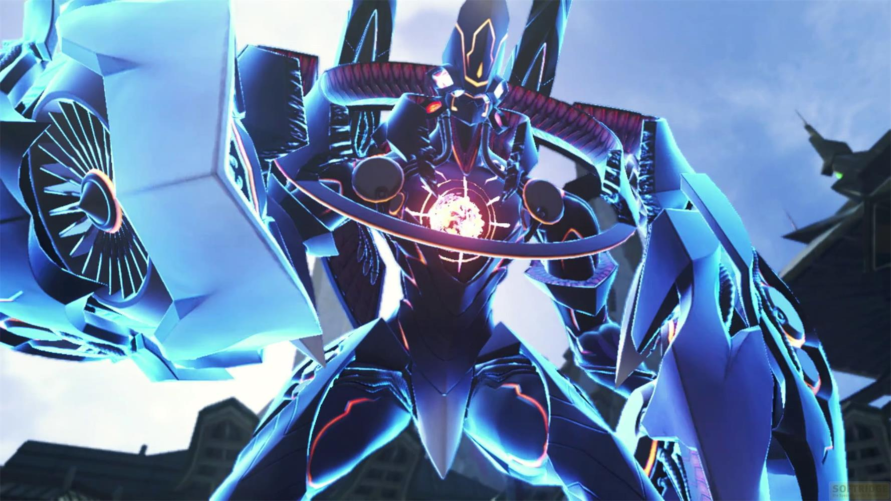 Un mech umanoide blu con accenti rossi luminosi e un nucleo brillante.