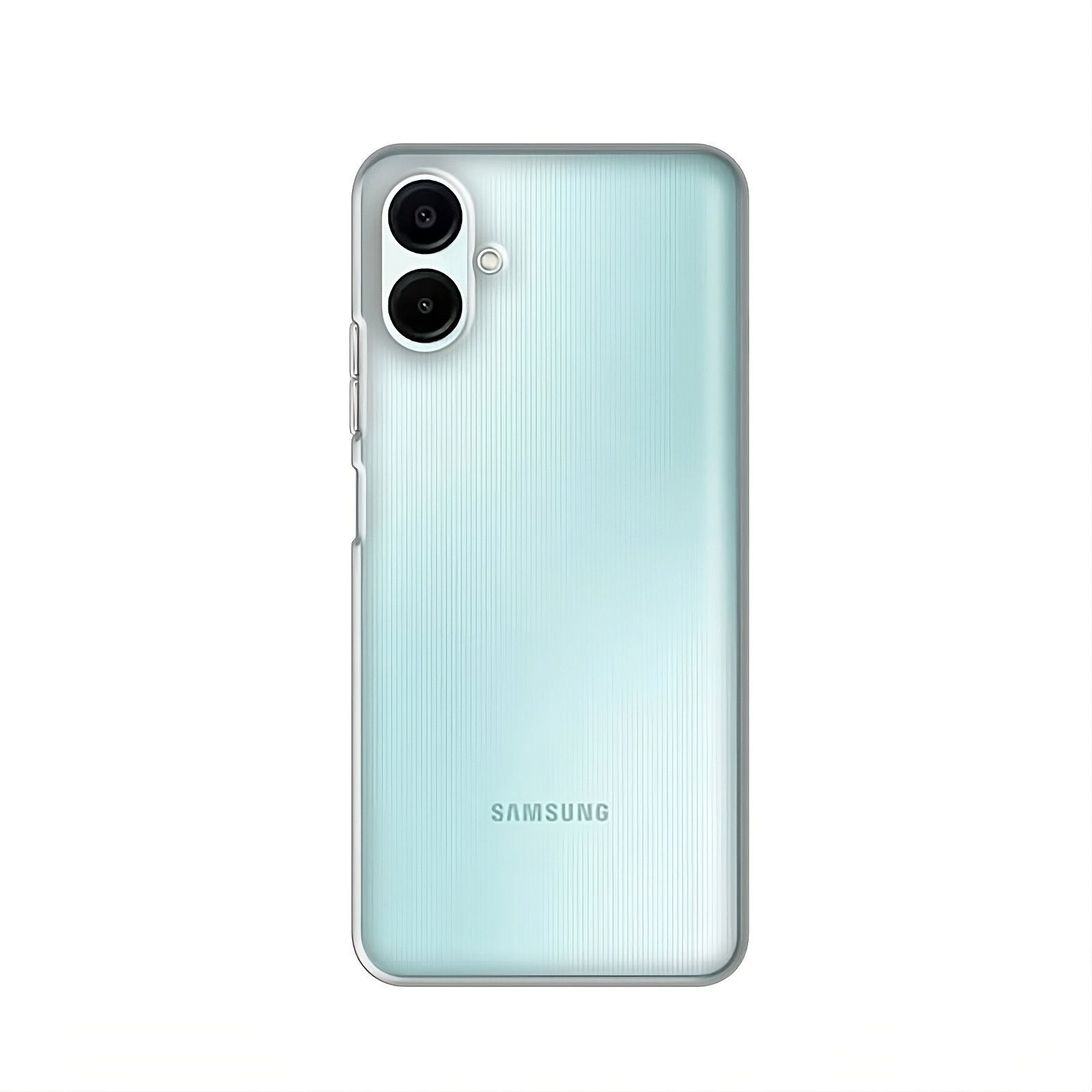 Reverso de un smartphone Samsung azul claro con líneas verticales y dos cámaras.