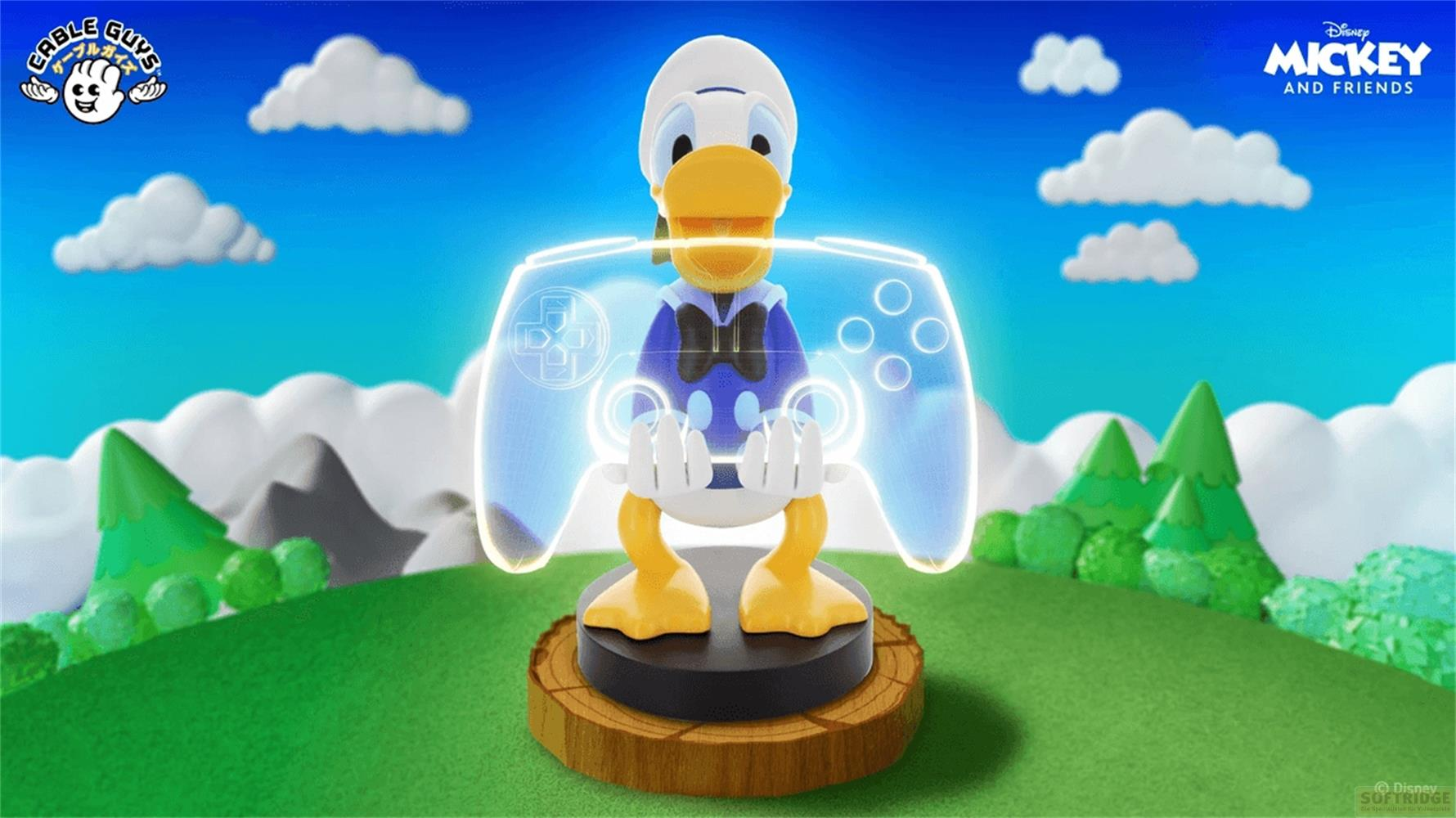 Paperino tiene un controller di gioco luminoso davanti a montagne e nuvole.