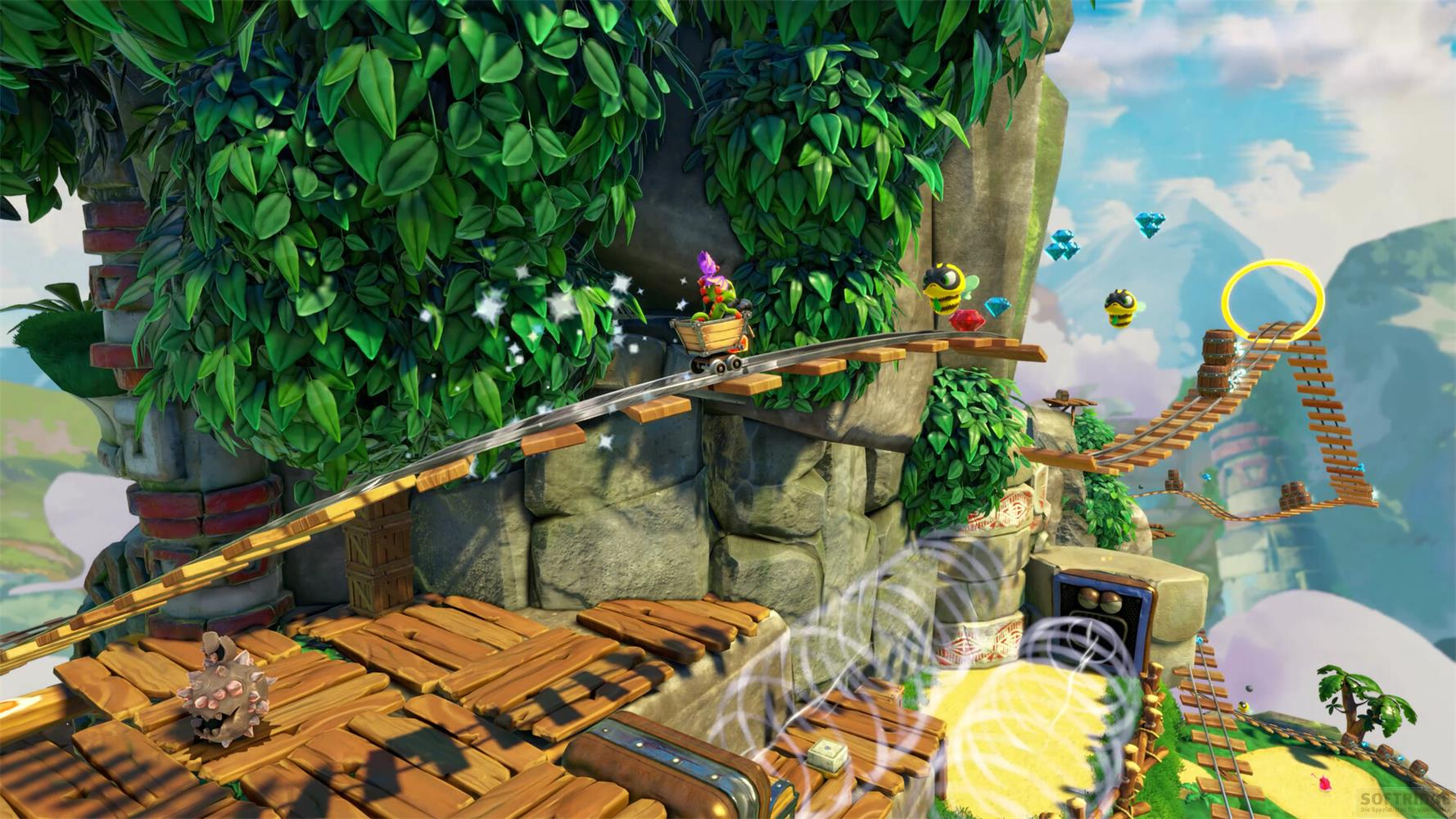 Personnage dans un wagonnet sur rails, abeilles et gemmes dans un paysage vert.