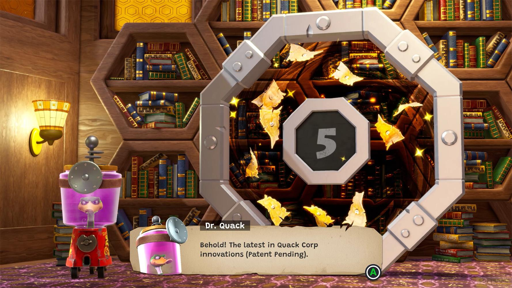 Dr. Quack présente ses dernières inventions dans une bibliothèque avec des papillons jaunes.