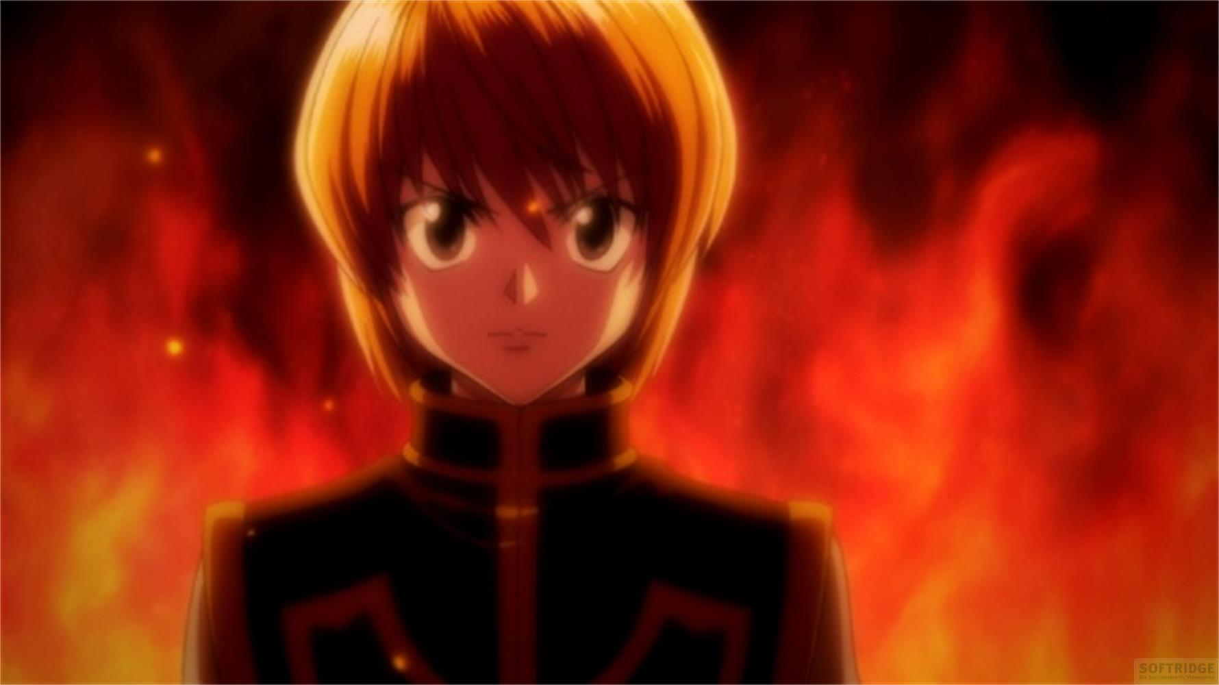 Un personaggio anime con capelli arancioni su uno sfondo infuocato.