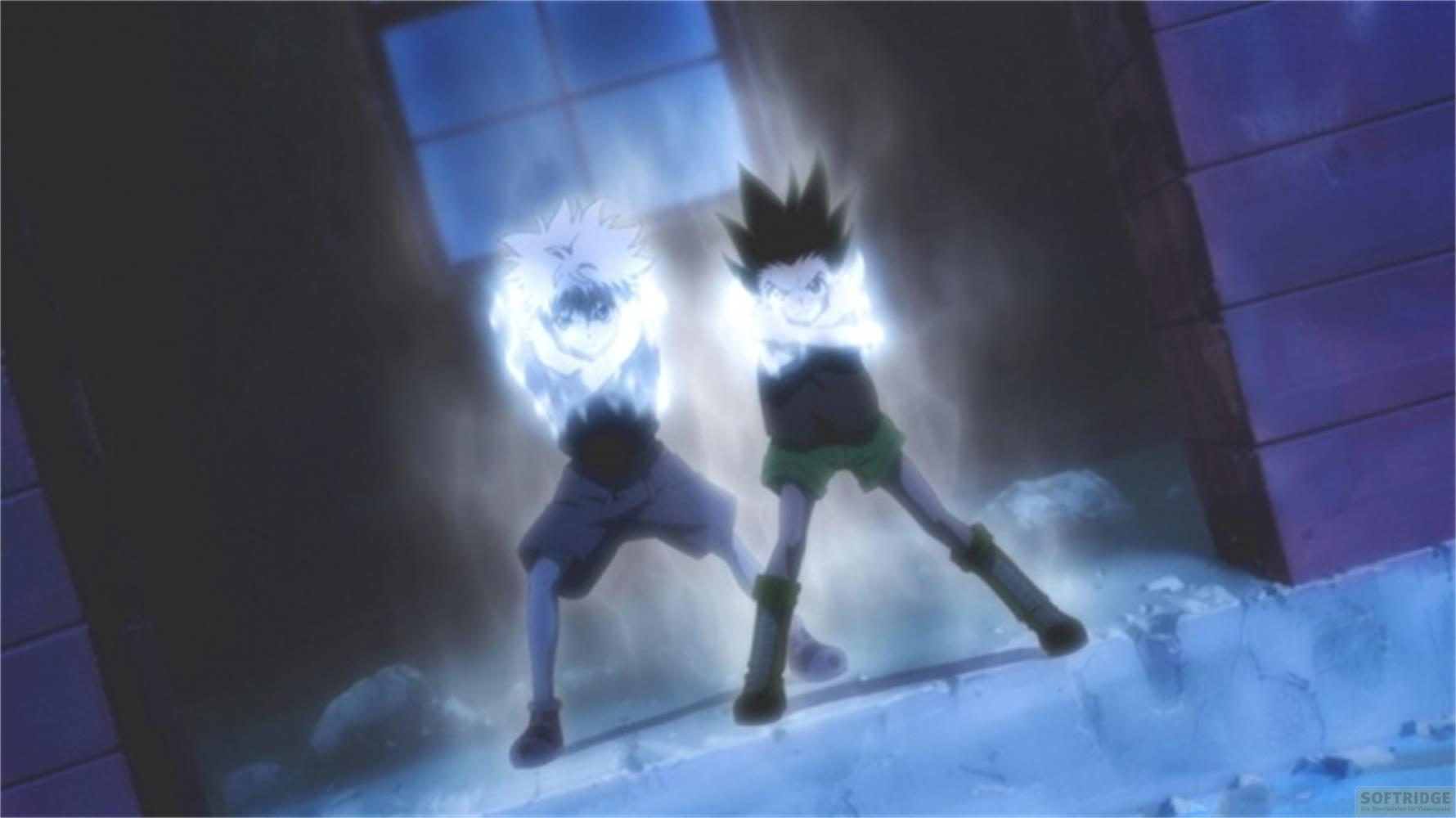 Due ragazzi anime con mani luminose in piedi su terreno ghiacciato.