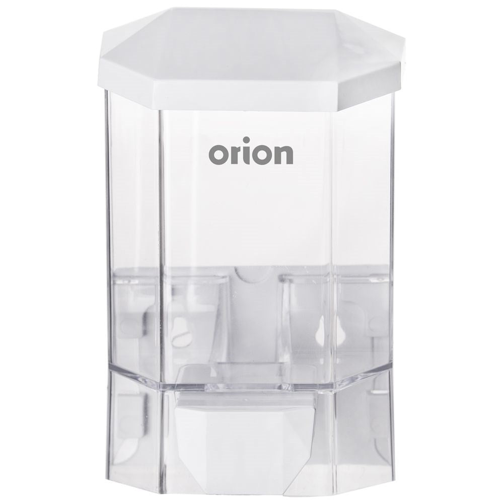 Beyaz kapaklı ve "orion" logolu şeffaf altıgen dispenser.