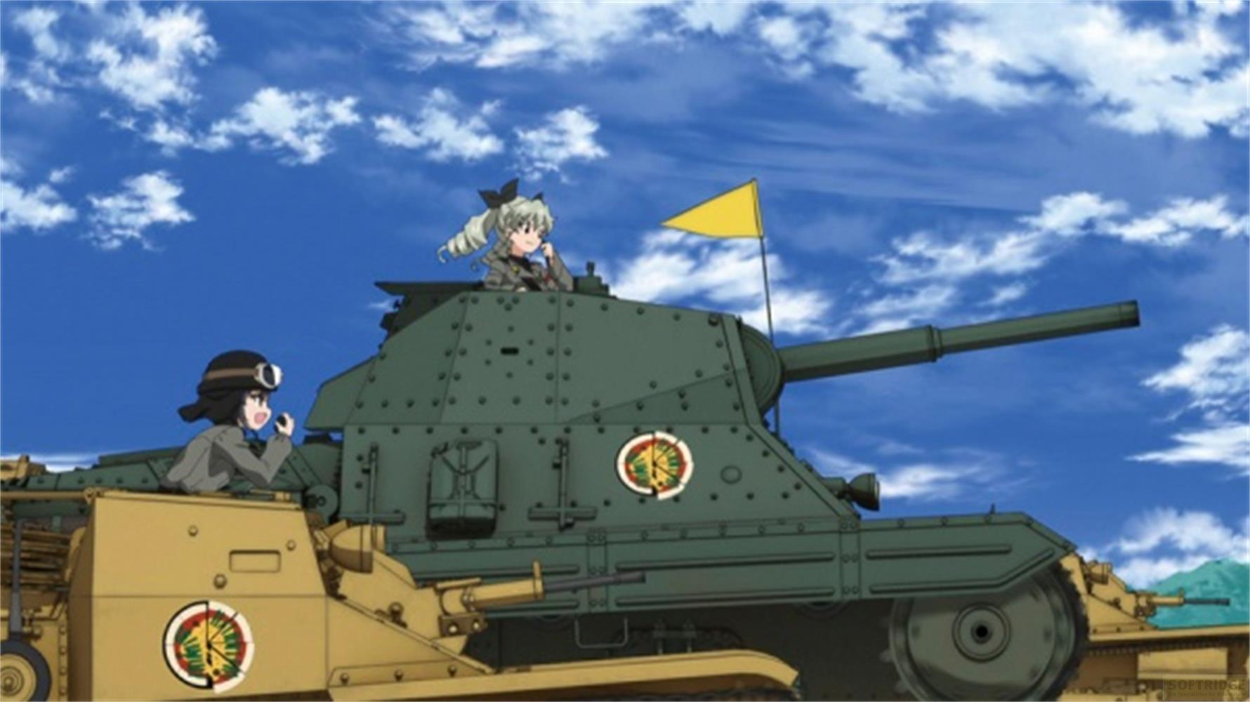 Deux filles sur des chars, ciel bleu avec des nuages, drapeau jaune.