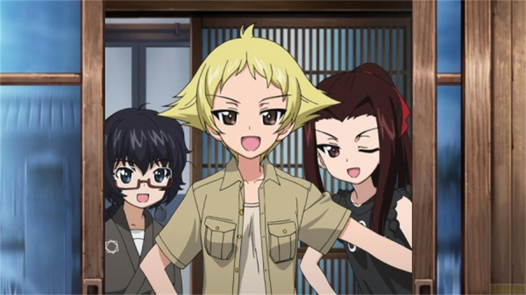 Trois filles d'anime aux coiffures et vêtements différents regardent par une fenêtre.