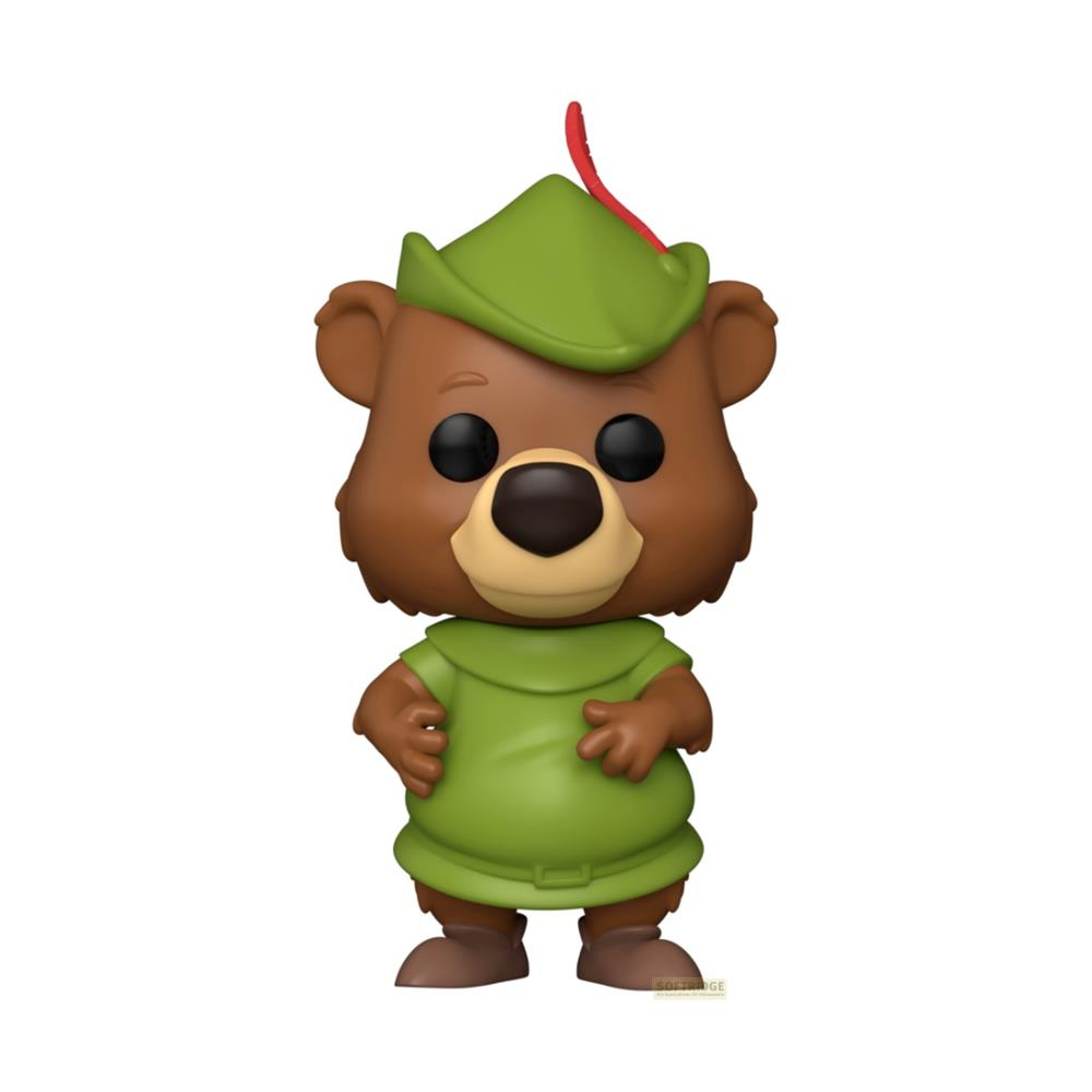 Oso marrón con gorro y túnica verdes, de pie con las manos en las caderas.