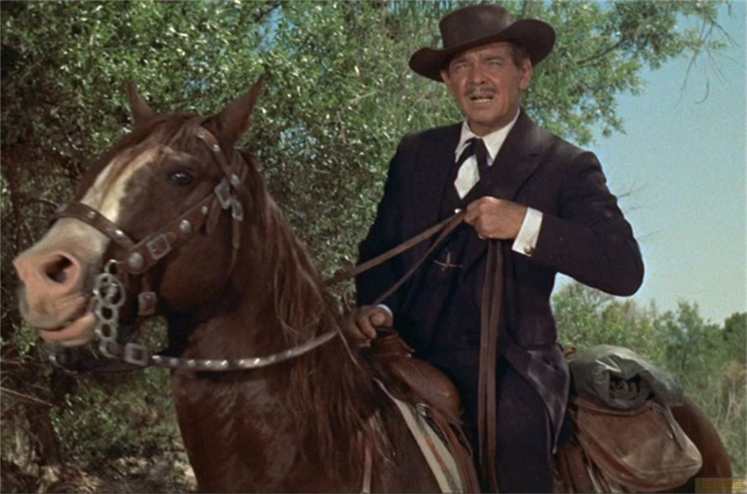 Un uomo in abito scuro e cappello cavalca un cavallo marrone all'aperto.