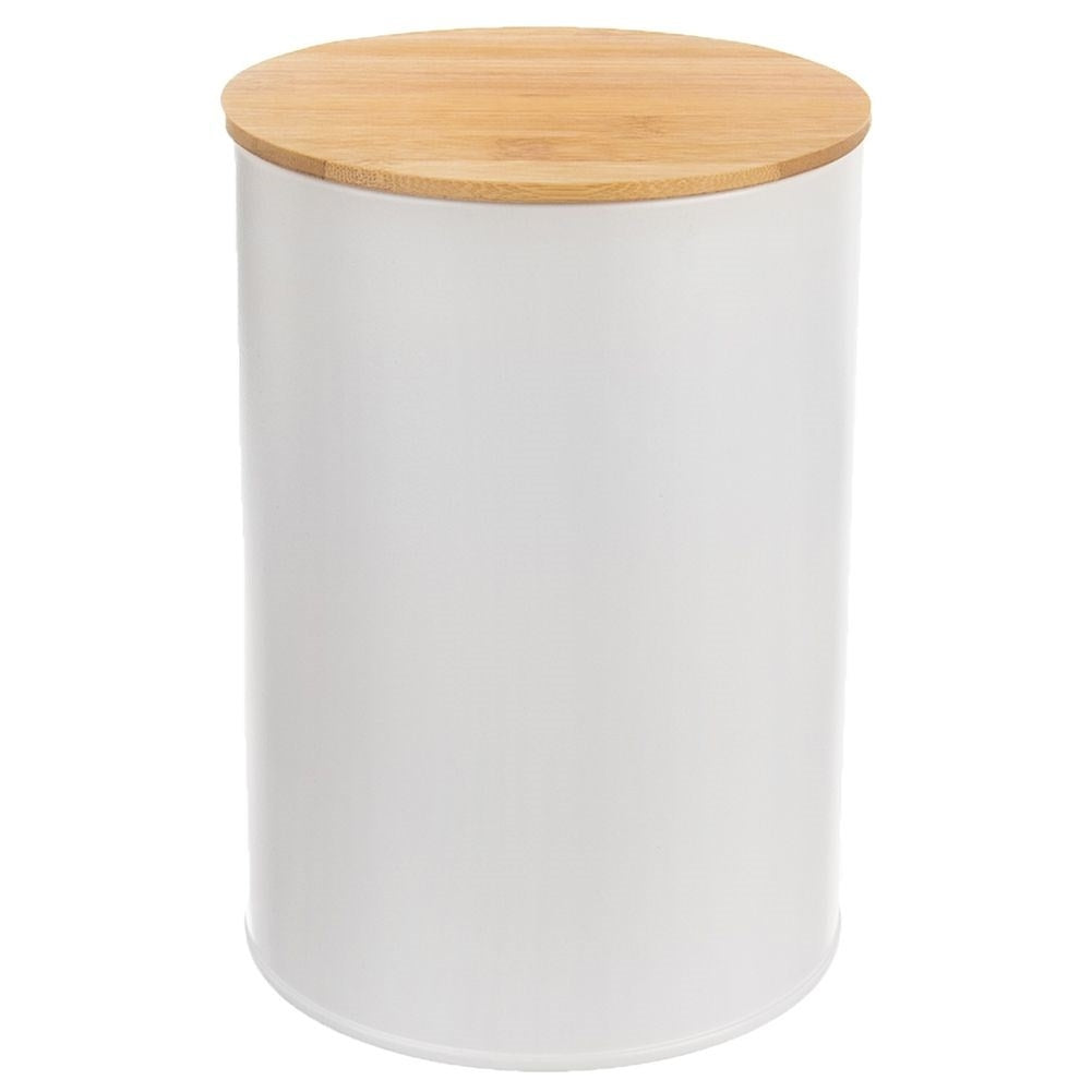 Un recipiente cilíndrico blanco con tapa de madera.