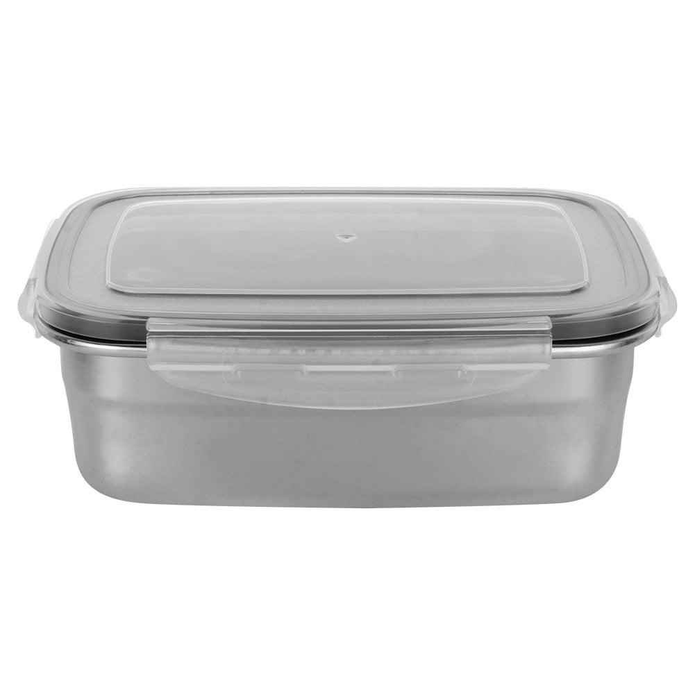 Un recipiente metálico rectangular con tapa transparente y clips.
