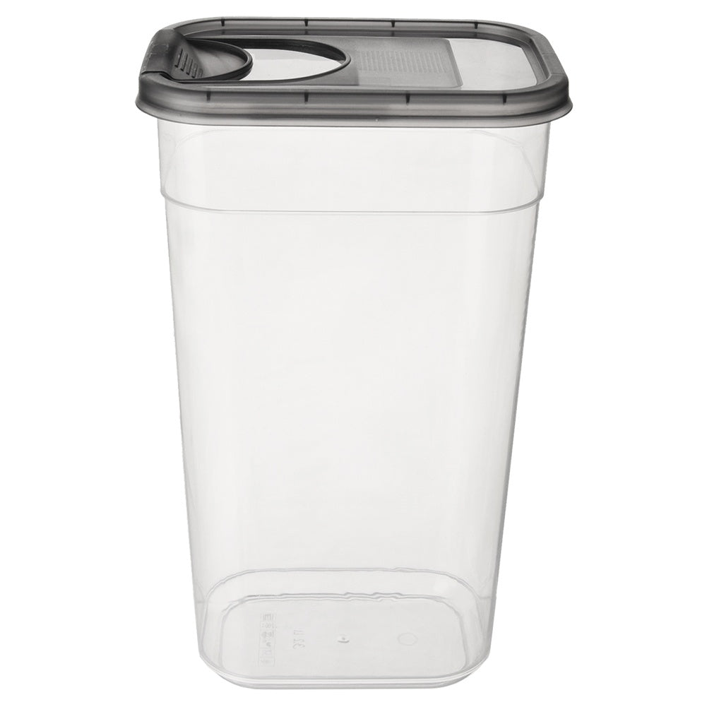 Un recipiente rectangular transparente con tapa y asa oscuras.