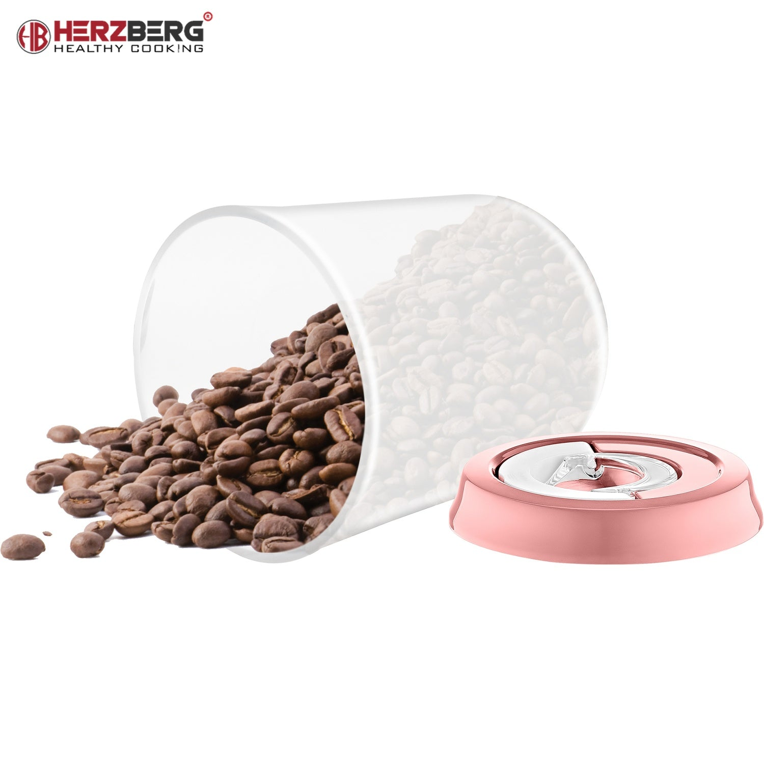 Un tarro de cristal volcado con granos de café derramándose, junto a una tapa rosa.