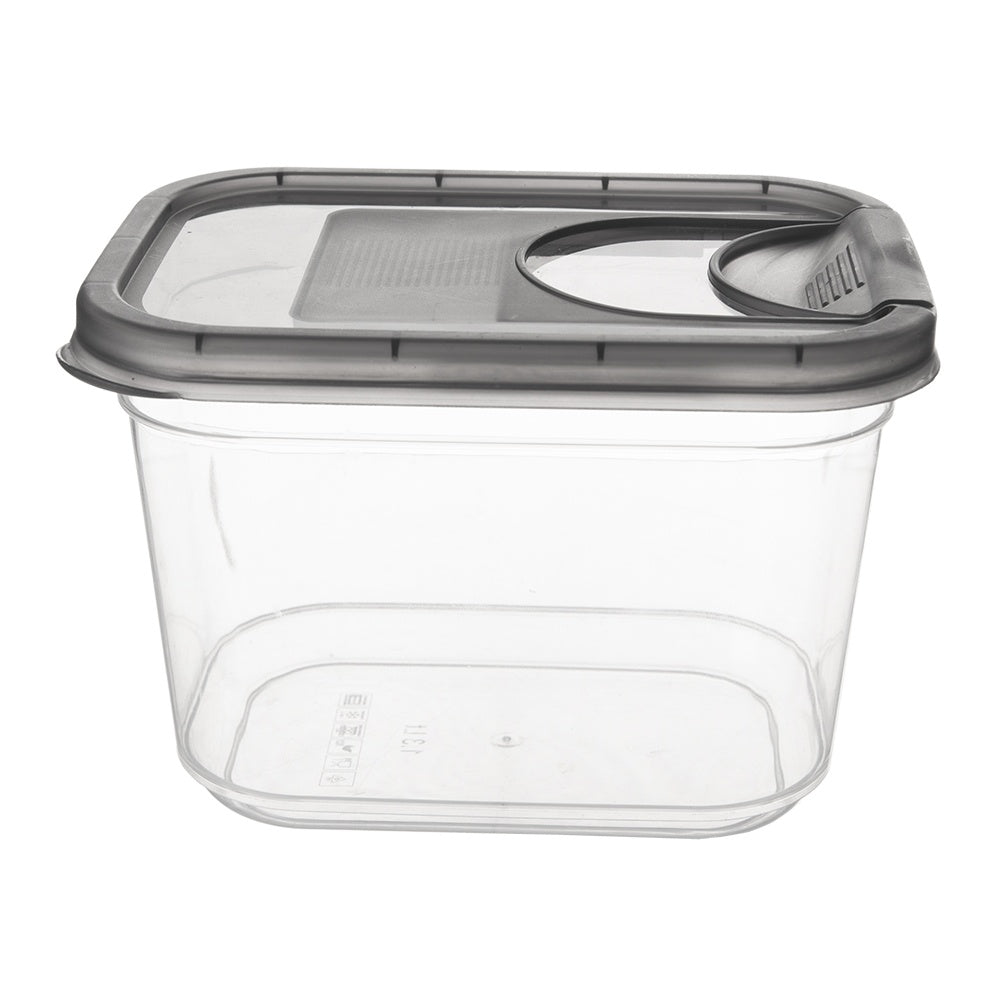Un recipiente rectangular transparente con tapa y asa grises.