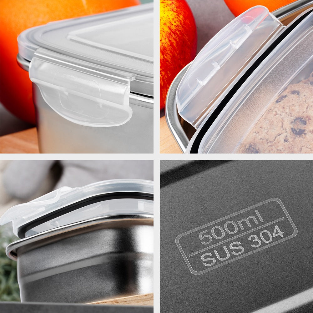 Contenedor de acero inoxidable con tapa transparente y clips. Muestra 500ml SUS 304.