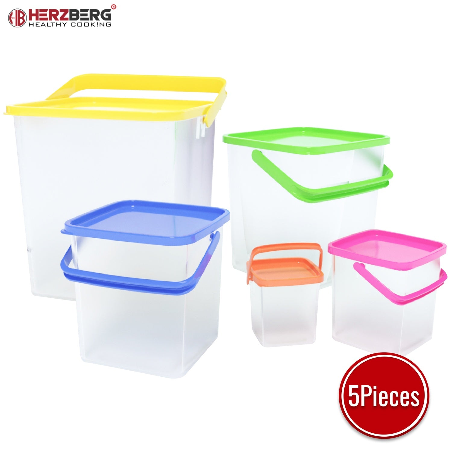 Cinco recipientes plásticos transparentes con tapas y asas de colores.