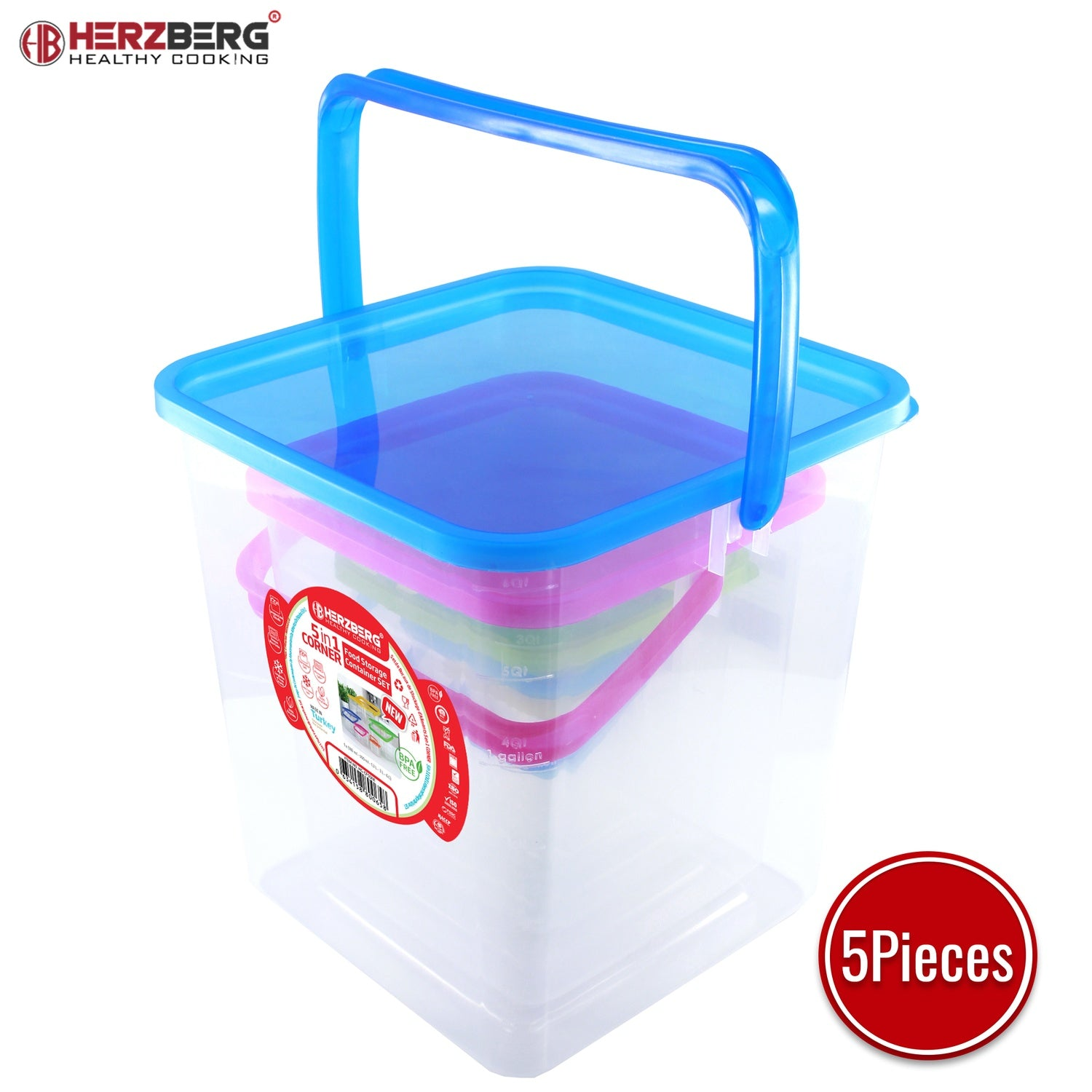 Un recipiente transparente con asa azul, cuatro recipientes más apilados.