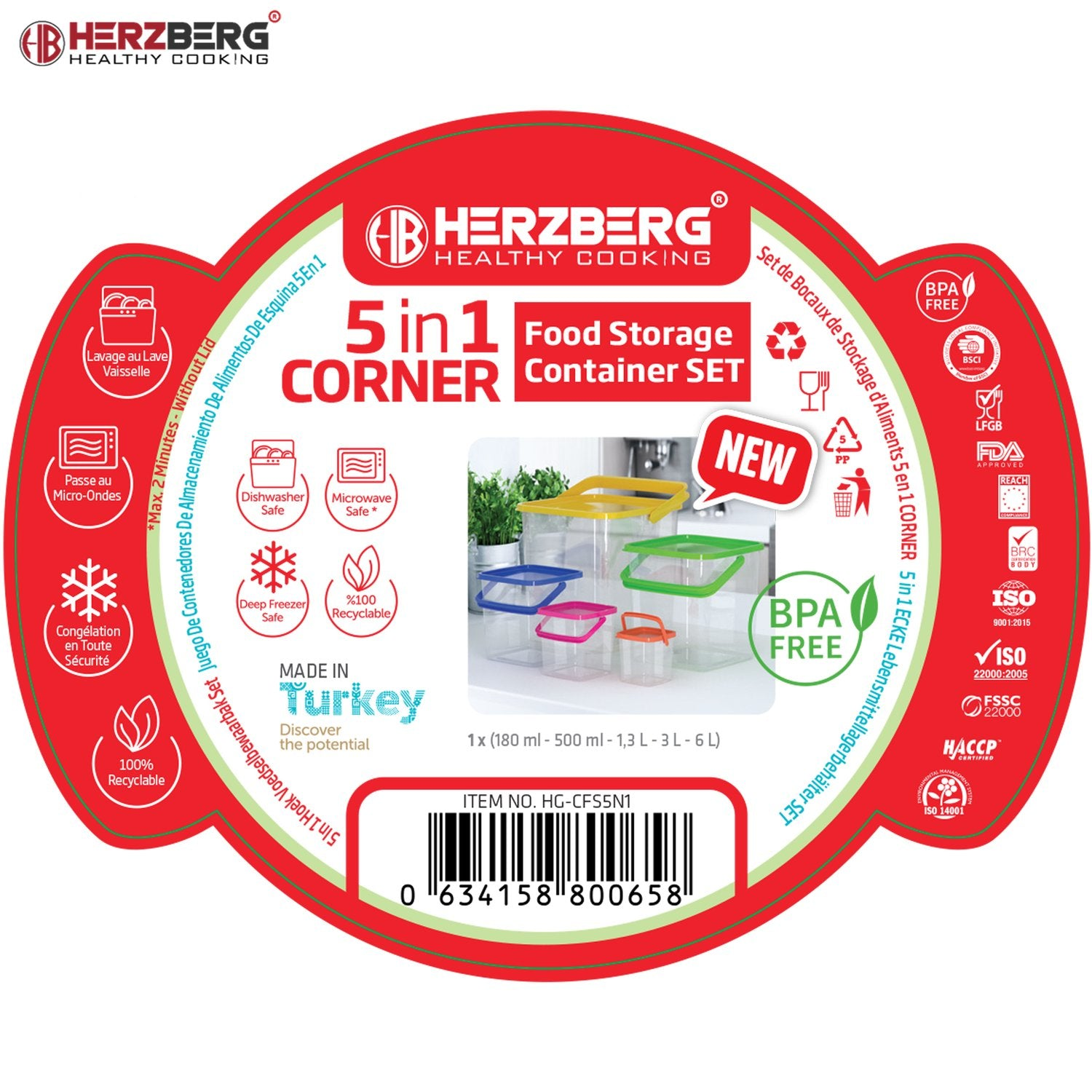 Set de 5 contenedores Herzberg 5in1 Corner, con tapas coloridas, sin BPA.