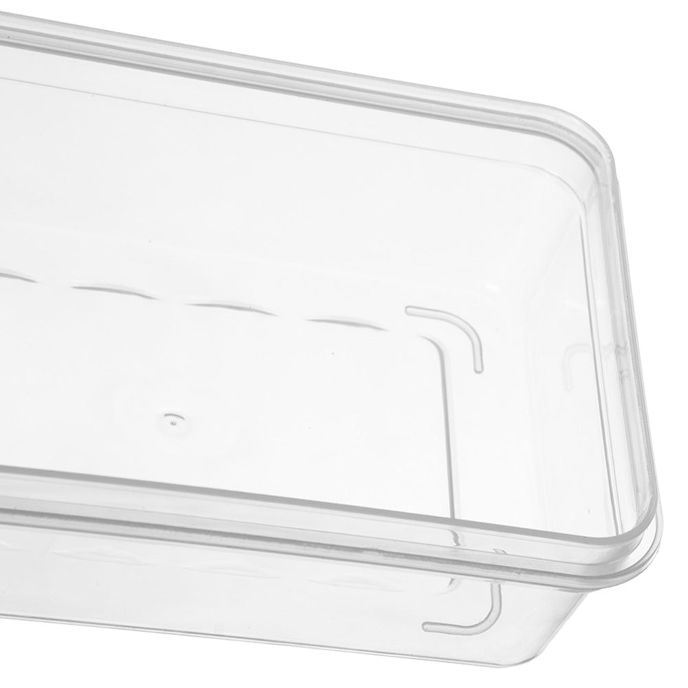Contenedor rectangular transparente con esquinas redondeadas y ranuras.