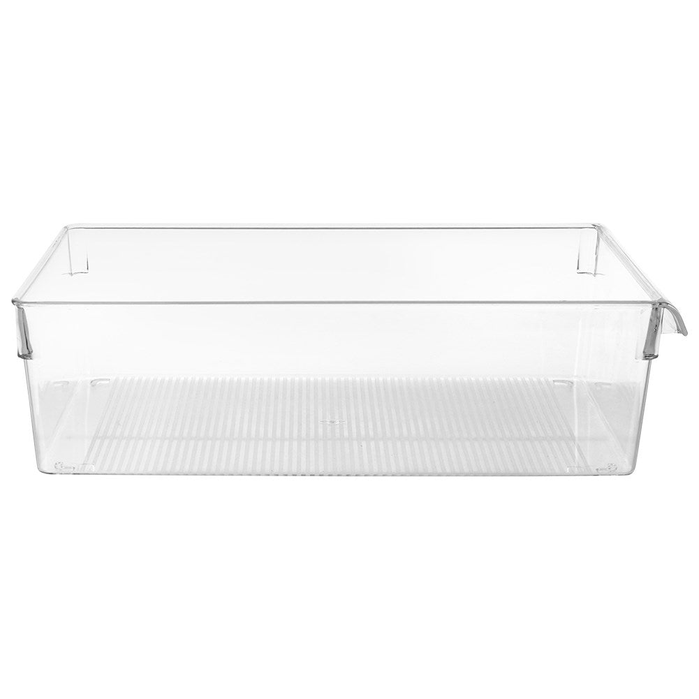 Un contenedor de almacenamiento rectangular transparente con fondo acanalado.