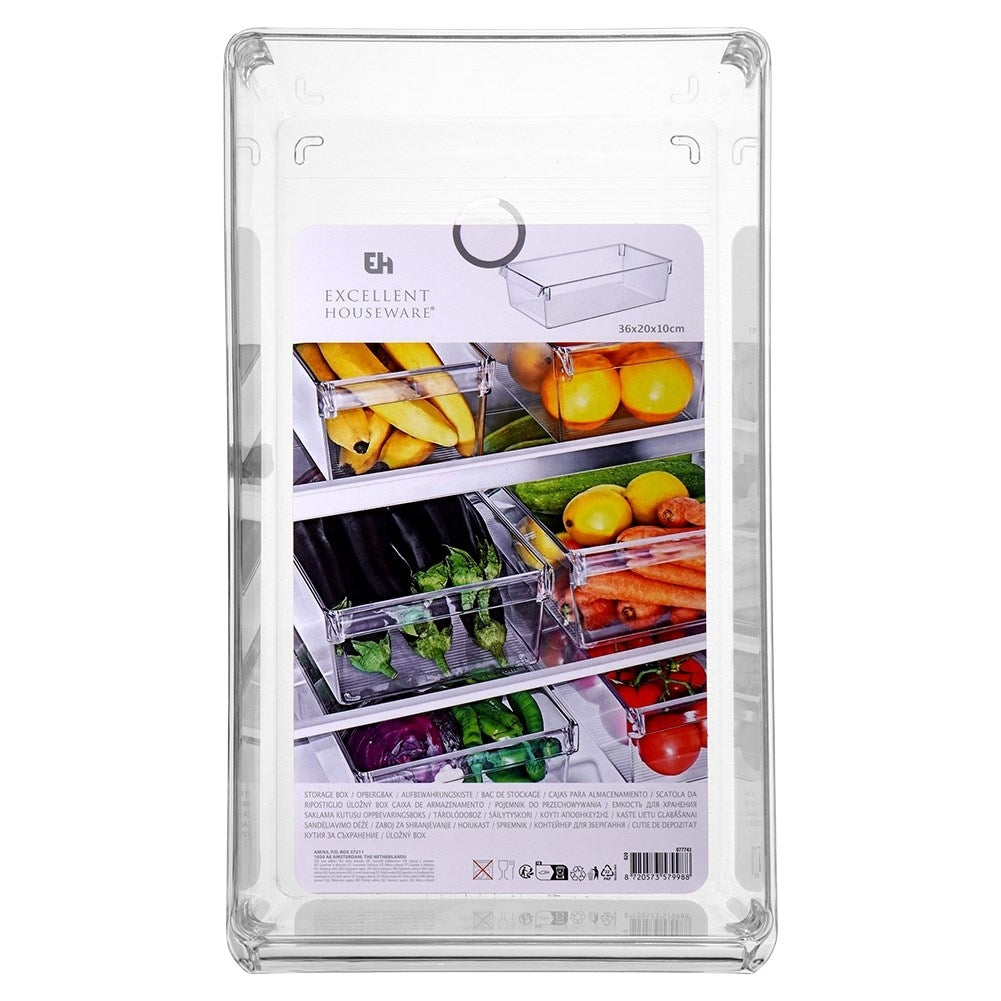 Caja de almacenamiento transparente con plátanos, naranjas, berenjenas y zanahorias.