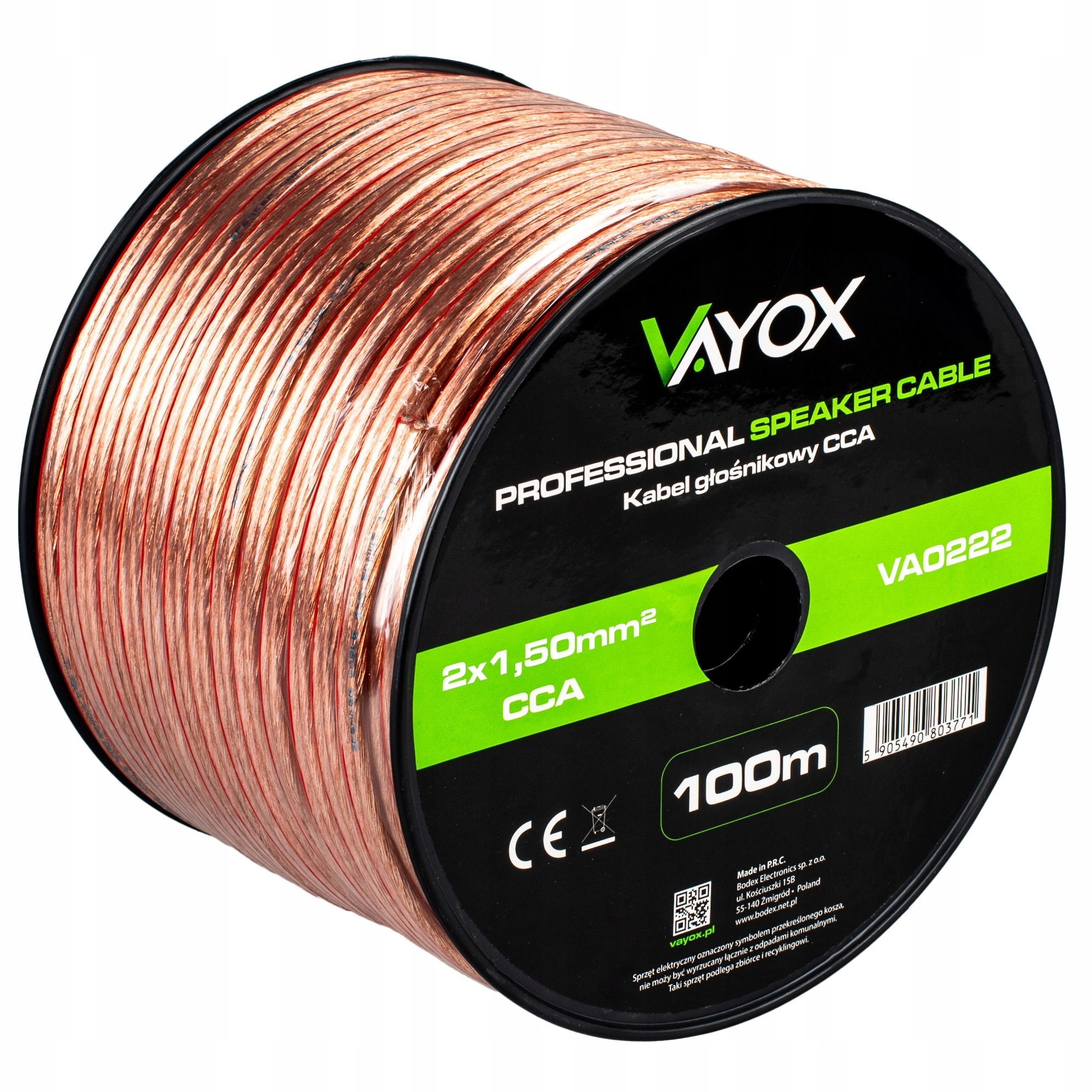 Eine Spule mit Kupferkabel für Lautsprecher, Vayox, 100m, 2x1,50mm² CCA.