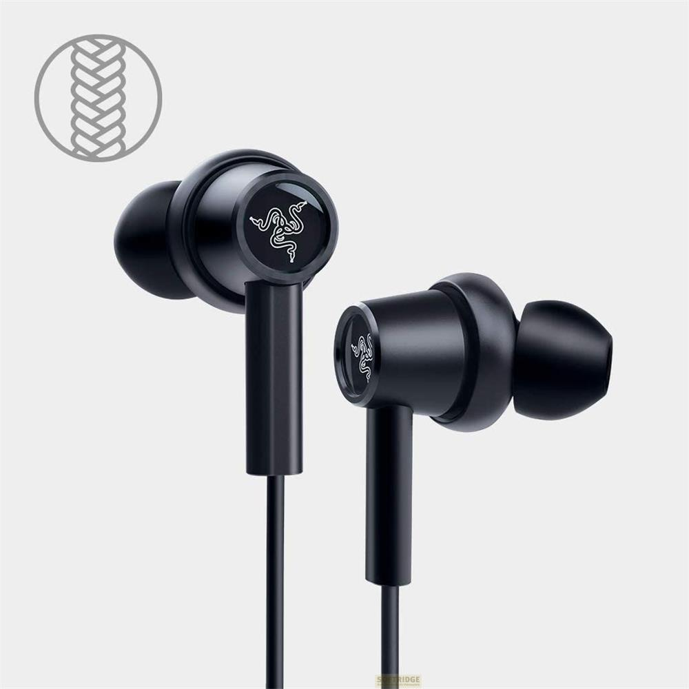 Écouteurs intra-auriculaires noirs avec logo Razer et détail de câble tressé.