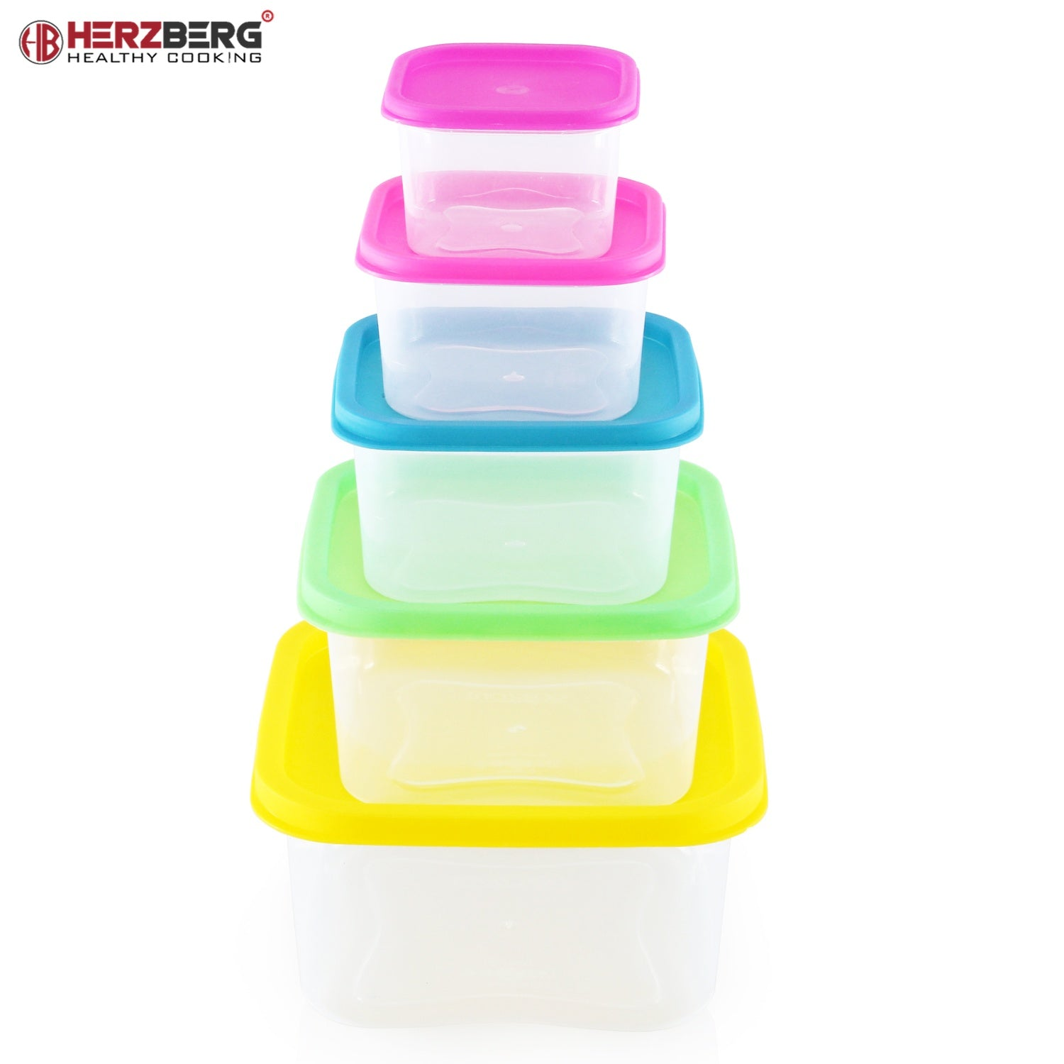 Cinco recipientes apilables con tapas de colores rosa, azul, verde, amarillo y transparente.