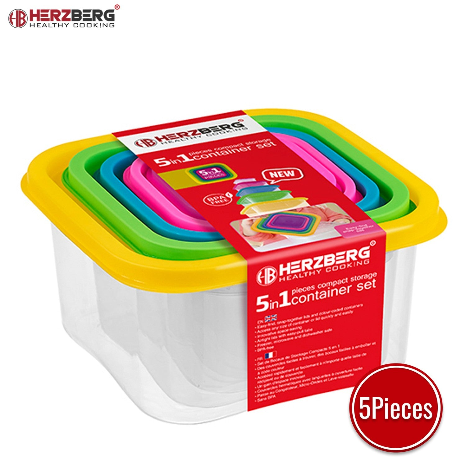 Un juego de 5 contenedores de almacenamiento Herzberg coloridos con bases transparentes.