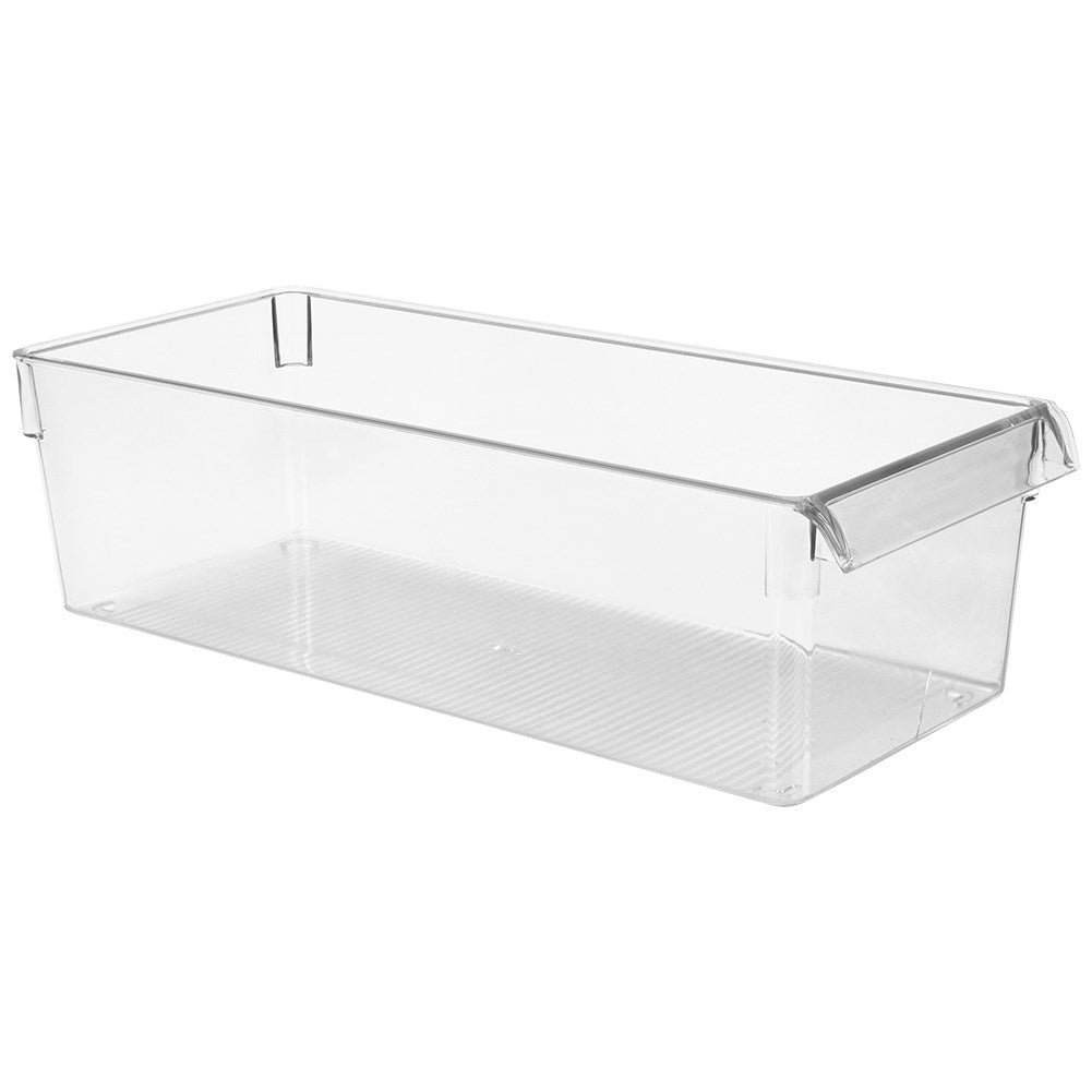 Un contenedor de plástico transparente con fondo acanalado y asas.