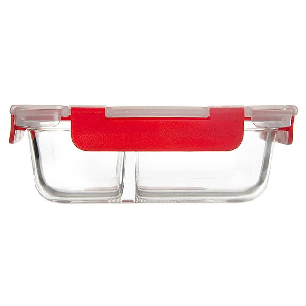 Un recipiente rectangular de vidrio con dos compartimentos y tapa roja.