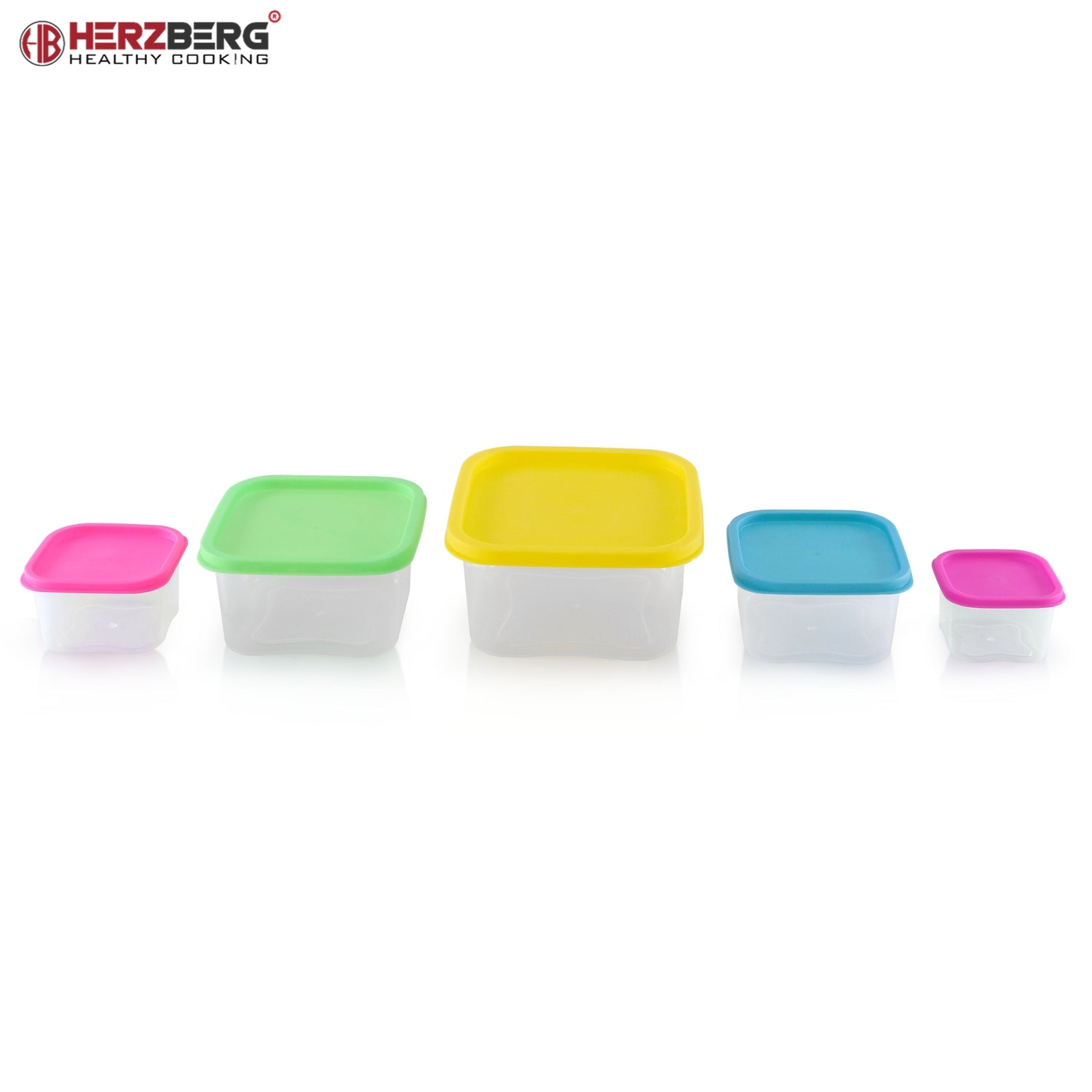 Cinco recipientes de plástico transparentes con tapas de colores: rosa, verde, amarillo, azul, rosa.