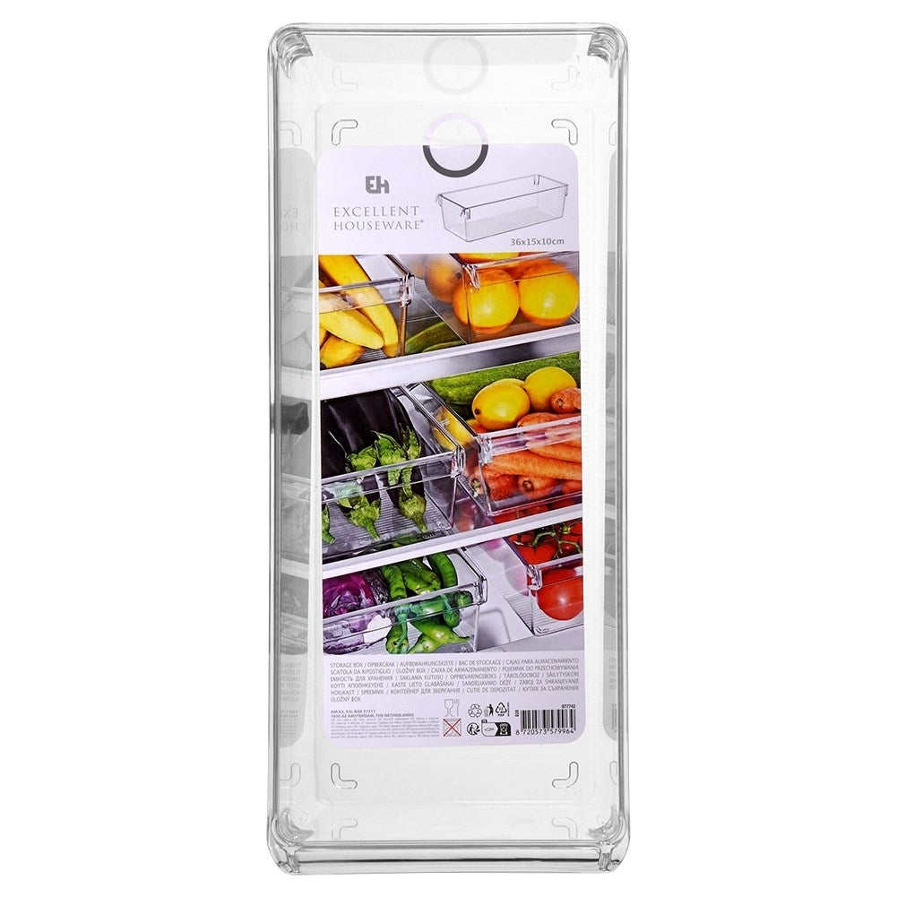 Caja transparente con frutas y verduras en un refrigerador.
