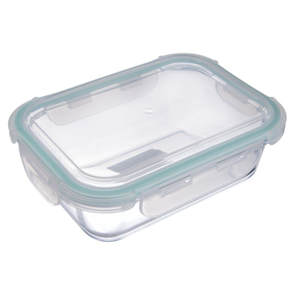 Un recipiente rectangular de vidrio con tapa transparente y sello de silicona azul.