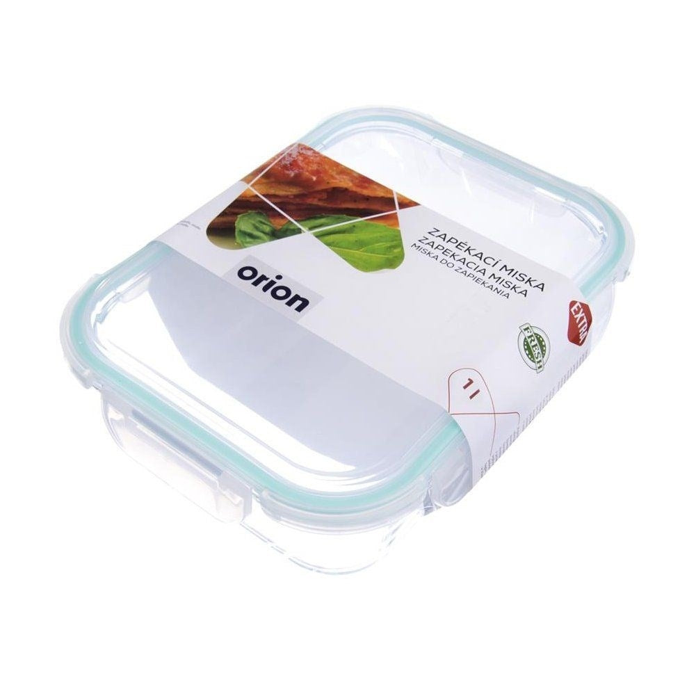 Un recipiente rectangular transparente con borde verde, con una etiqueta encima.