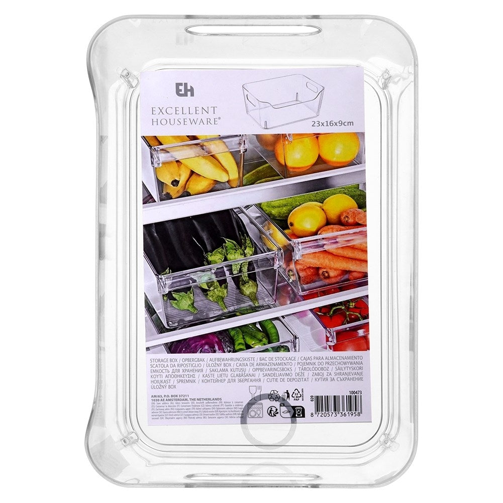 Estante de nevera con frutas y verduras en recipientes transparentes.