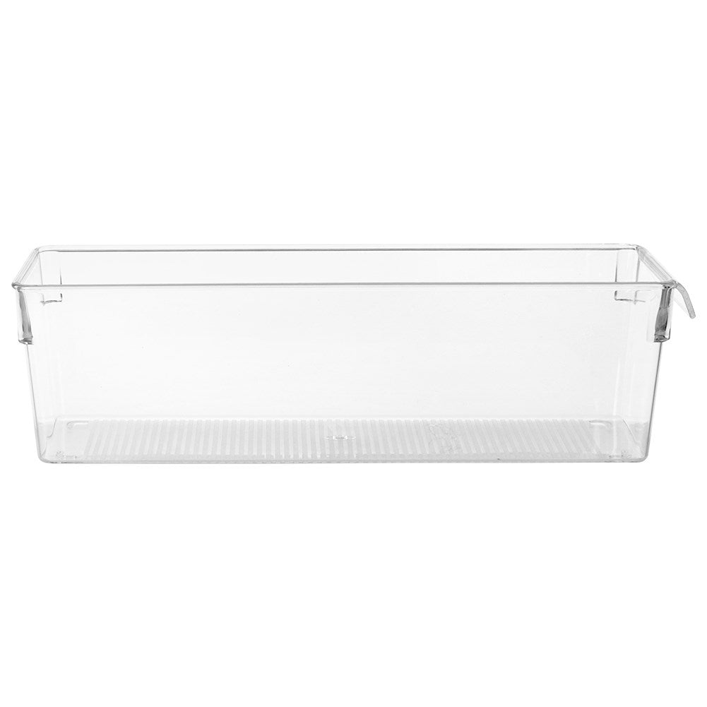 Un contenedor de almacenamiento rectangular transparente con asas.