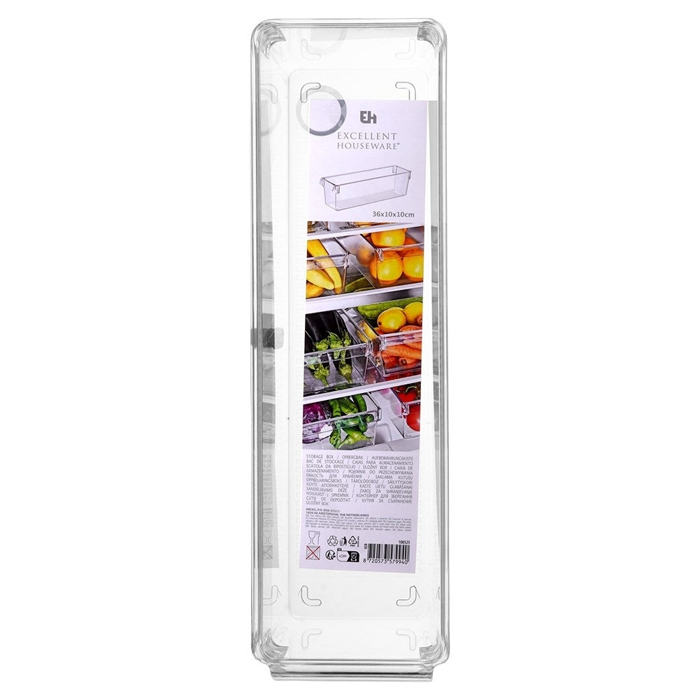 Caja de almacenamiento transparente con frutas y verduras.