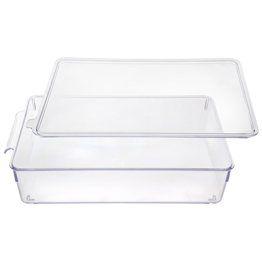 Un recipiente de almacenamiento rectangular transparente con tapa.